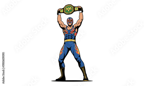 Masked Lucha Libre Wrestler Holding Championship Belt Illustration