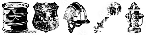 Vintage distressed hazard barrel, police shield, hard hat, key, hydrant gritty halftone for urban design.