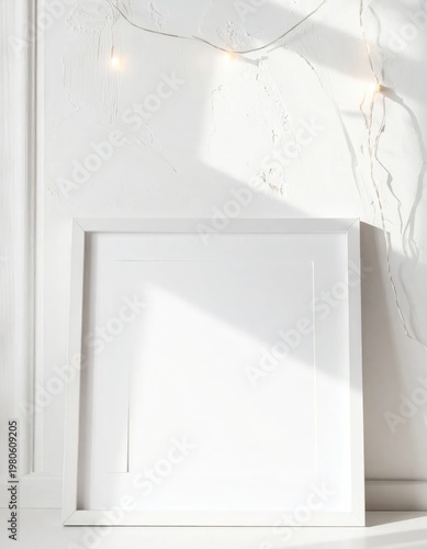 A minimalist white frame hangs on a textured wall illuminated by warm fairy lights, creating a serene and modern interior aesthetic.