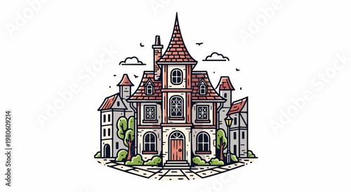 Whimsical illustration of a fairytale-like building with multiple turrets and a steep roof