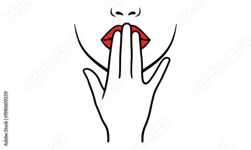Minimalist line art of hand covering red lips on white background