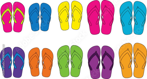A vibrant collection of colorful flip-flops arranged in two rows