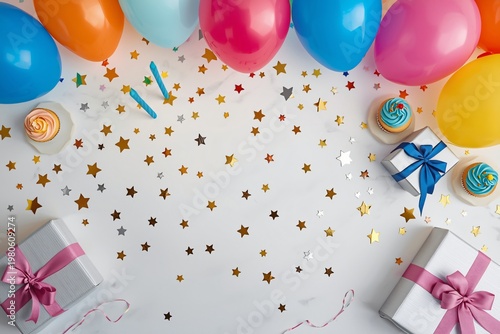 Colorful Birthday Party Flat Lay with Balloons Confetti and Gifts – Overhead View Festive Celebration Setup on White Background
