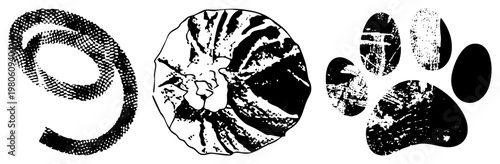 Stylized halftone vector graphics of coiled rope, spiral, and animal paw prints, rendered in bold black and white with textured dot, ideal for graphic design or print.