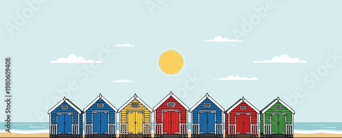 Colorful beach huts lined up on a sandy shore under a sunny sky with clouds