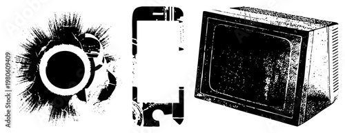 Retro tech symbols including bullet hole, smartphone, and CRT, rendered in high contrast vector style with halftone texture and distressed edges.