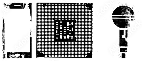 Distressed digital symbols including phone frame, processor grid, and mic, rendered in gritty halftone style, ideal for tech themed designs or glitch art backgrounds.