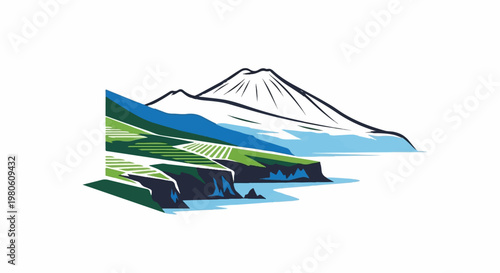 Stylized, minimalist landscape featuring a conical mountain overlooking terraced green fields and a blue ocean