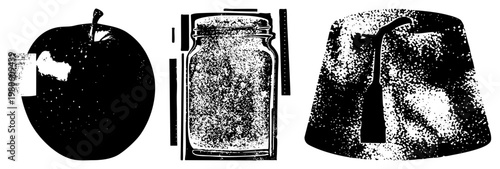 Vintage halftone style vector illustrations of, jar, and spatula, dot, graphic design elements, isolated foreground objects.