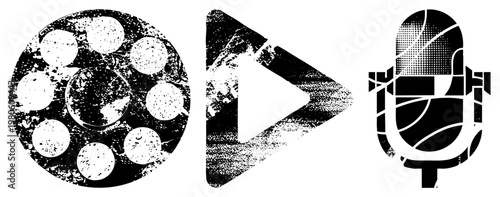 Grunge style symbols including film cartridge, play arrow, and classic mic, vector for content creation tools.