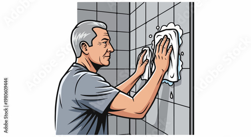 Man with gray hair cleans tiled wall with two cloths, one producing soap suds
