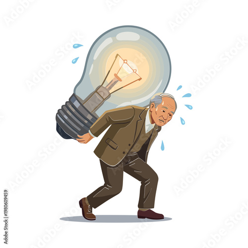 Man struggles to carry a large glowing light bulb