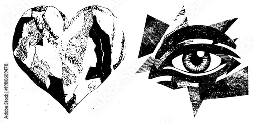 Cracked heart symbolizing emotional fracture, watchful eye with geometric, halftone texture, stark, symbolic, graphic design elements.