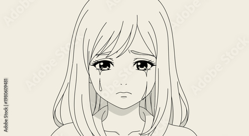 Crying Anime Girl Line Art Illustration