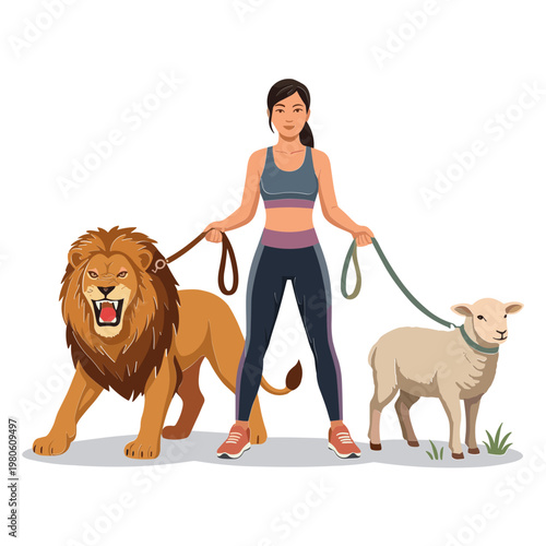 Woman walks lion and sheep on leashes outdoors in daytime