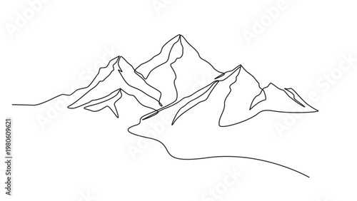 Continuous line drawing of a mountainous landscape. Minimalist horizon with mountain peaks in simple single line style. Winter sports adventure concept in doodle style