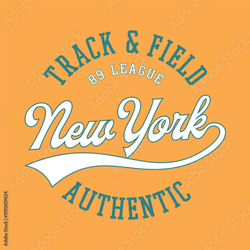 New York Track & Field Athletic Typography. Vintage Varsity Style Design with Script Lettering and 89 League Badge on Yellow Background. Retro Sports Apparel Graphic.