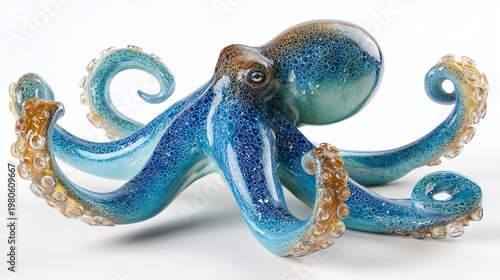 **Vibrant octopus statue with extended tentacles and smooth polished resin surface, isolated on white background with detailed lighting.