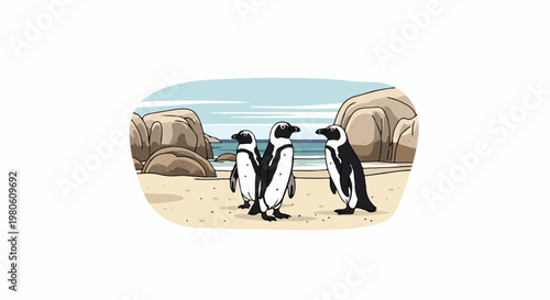 Three penguins stand on a sandy beach with large rocks and the ocean in the background