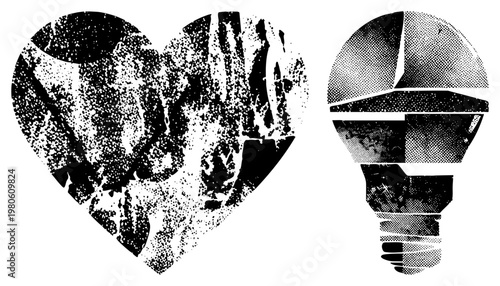 Retro halftone graphic symbols, love heart and idea bulb, design, distressed texture, vector illustration, conceptual art, emotional expression.