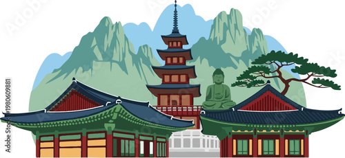 Serene mountainous landscape with traditional buildings, a pagoda, and a Buddha statue