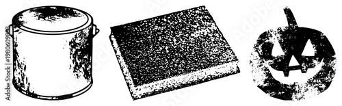 Grungy halftone vector of Halloween pumpkin, witch’s cauldron, and book. Distressed black and white illustrations, isolated elements, spooky festive symbols, graphic design assets.