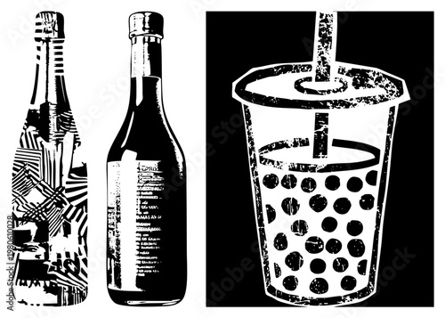 Graphic depiction of wine bottle, liquor bottle, and bubble tea cup with straw, stylized halftone textures, isolated beverage, vector art.
