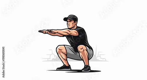 Fit person performs squat exercise, arms extended forward for balance