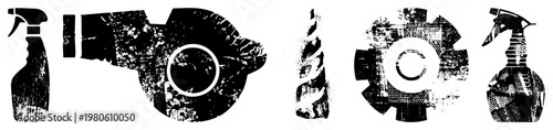 Distressed vector of cleaning and tool items, gritty textures, industrial design, graphic elements, stylized tool set.