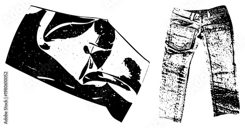 Retro fashion apparel, graphic tee shirt with abstract design, distressed jeans, streetwear style, halftone texture, vector illustration.