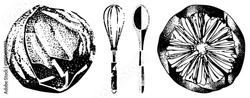 Retro style halftone print showing citrus section, whisk, and spoon, classic kitchen tools, food illustration, design, dotted shading technique.