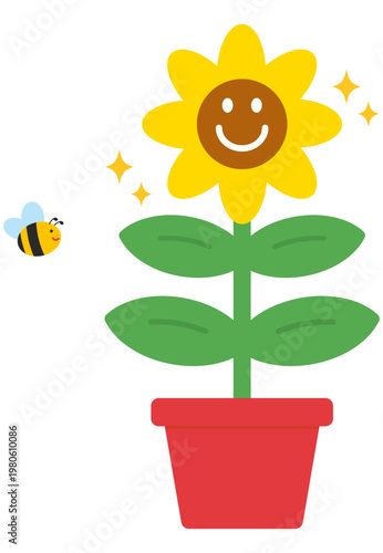 カワイイ花とミツバチのイラスト