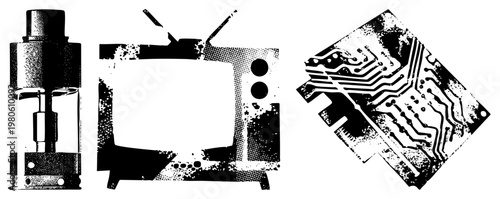 Retro TV with antennas, hydraulic press machine, printed circuit board, black and white halftone style, tech nostalgia, isolated vector.