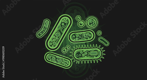 Glowing green microorganisms and cells against a dark, abstract background