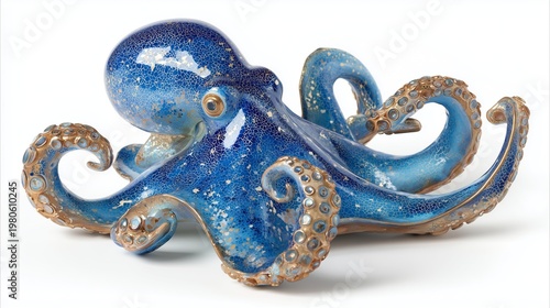 **Vibrant octopus statue with extended tentacles and smooth polished resin surface, isolated on white background with detailed lighting.