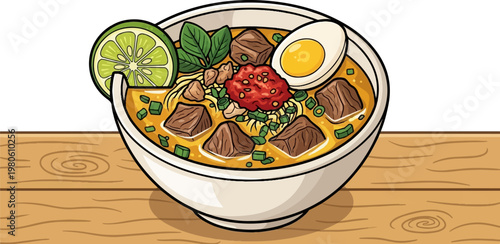 A hearty bowl of savory soup with chunks of meat, egg, lime, and herbs