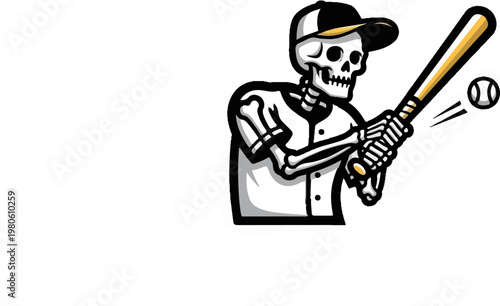 Skeleton in baseball attire swings a bat, hitting a ball in mid-air