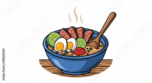 A steaming bowl of ramen, featuring sliced meat, halved eggs, lime wedges, chili paste, and green onions