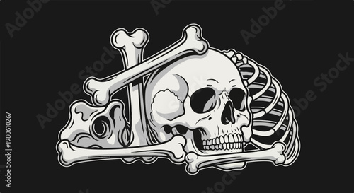 A monochrome illustration of a skull and bones on a black background