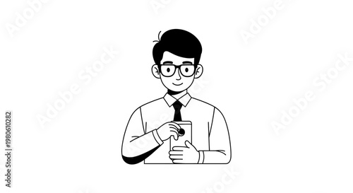 Young professional man wearing glasses and tie, holding a smartphone, depicted with clean black lines and shapes, conveying a modern, minimalist aesthetic suitable for business
