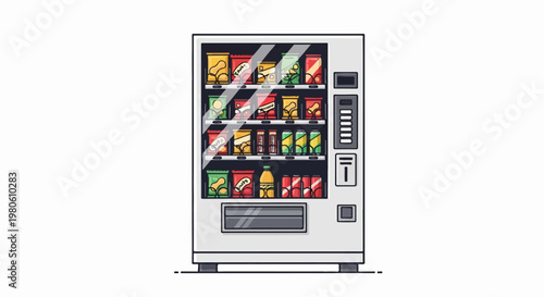 A colorful vending machine displays an assortment of snacks and drinks on shelves