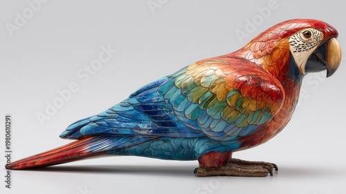 Vibrant parrot statue with rich feather detailing and glossy paint finish, isolated on white background with realistic lighting reflections.