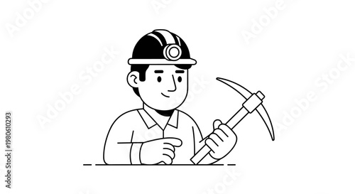 Friendly miner wearing a hard hat with a headlamp, holding a pickaxe, pointing forward with a determined expression, depicted in a clean, minimalist black and white vector art