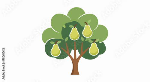 A stylized illustration of a tree bearing four ripe pears, set against a white background