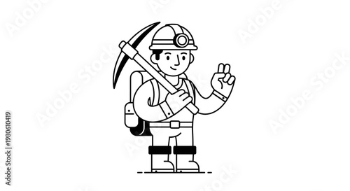 Friendly cartoon miner character holding pickaxe, wearing hard hat with lamp, backpack, sturdy boots, and giving a peace sign gesture, depicted with clean lines and bold shapes in
