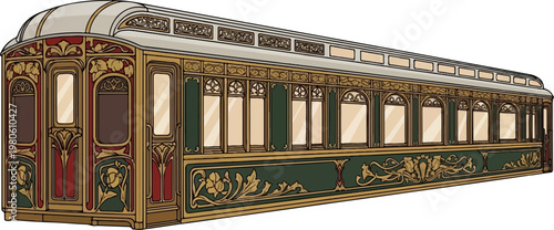 Vintage train carriage with ornate detailing and floral motifs