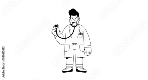 Friendly male physician wearing a white coat and holding a stethoscope, presenting a clean, modern, minimalist line art design with bold outlines and a monochrome color scheme,