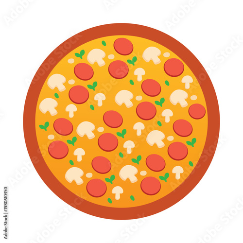 Background illustration of pizza design and toppings. Meat and mushroom pizza pattern texture motif