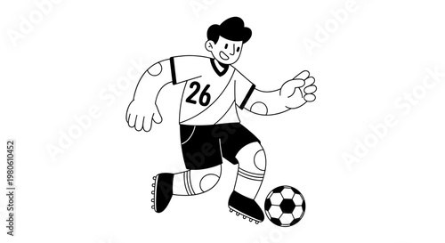 Dynamic cartoon soccer player with number 26 on jersey, dribbling a ball with energetic motion, featuring clean lines, bold shapes, and a minimalist black and white color palette,