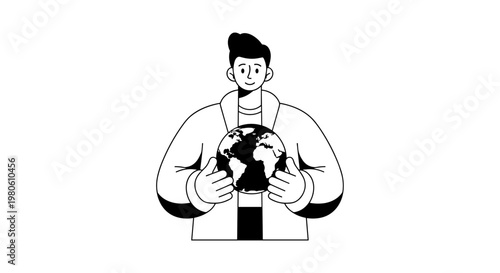 Young man wearing a white jacket holds a detailed black and white planet earth with continents clearly visible, displaying a positive gesture with his thumb up, symbolizing global